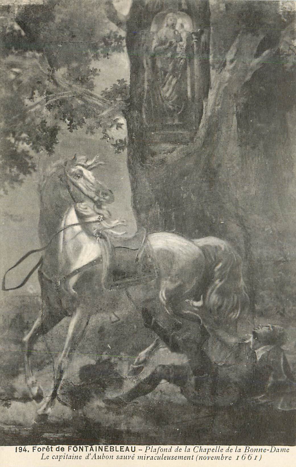 Forêt de Fontainebleau — Plafond de la Chapelle de la Bonne-Dame — Sauvetage miraculeux du capitaine d'Aubon (novembre 1661)